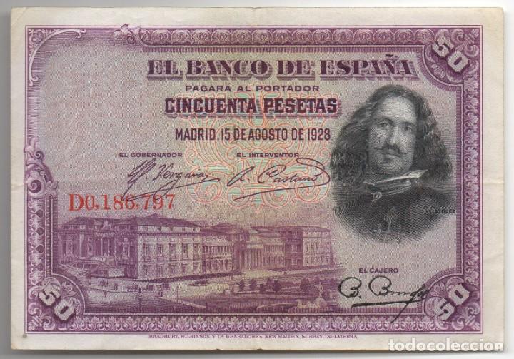 Billetes espa&ntilde;oles: Billete 50 pesetas, 1928. Diego de Vel&aacute;zquez. Serie D