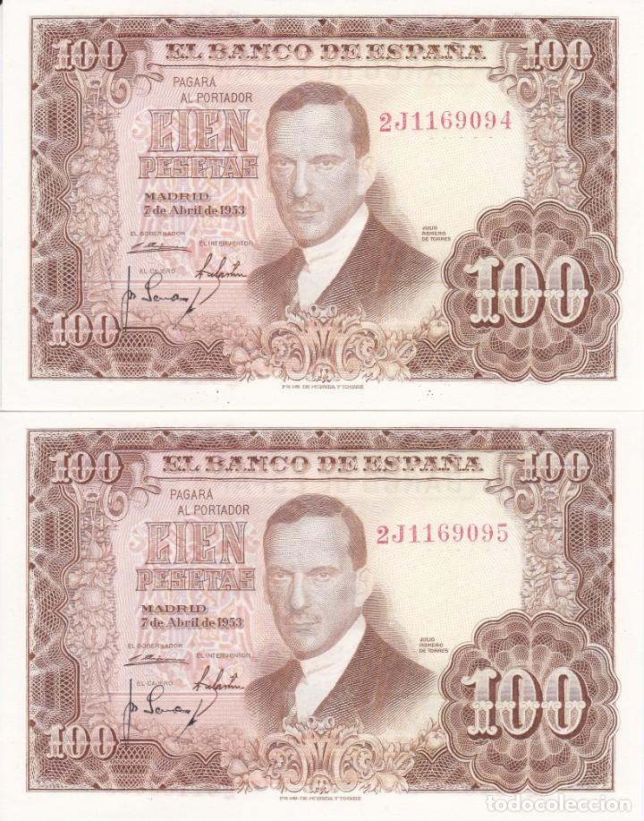 Billetes espa&ntilde;oles: PAREJA CORRELATIVA DE 100 PESETAS DEL A&Ntilde;O 1953 SERIE 2J SIN CIRCULAR (SC)
