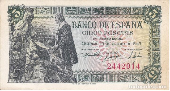 Billetes espa&ntilde;oles: BILLETE DE 5 PESETAS DEL A&Ntilde;O 1945 SIN SERIE EN CALIDAD MBC