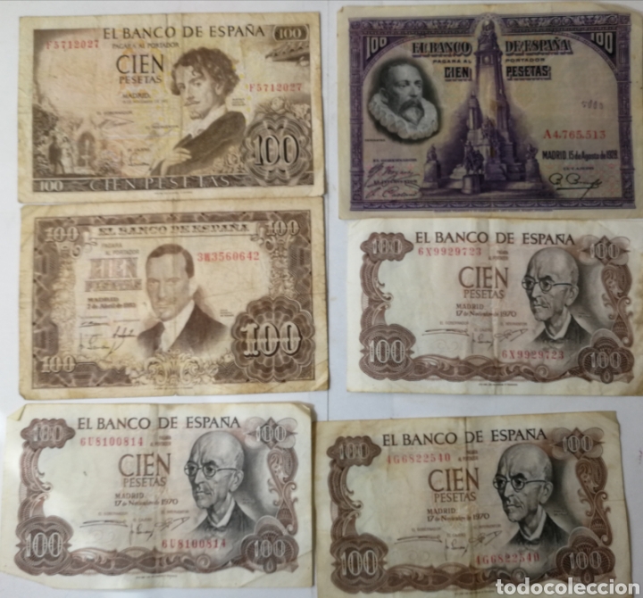 Billets espagnols: lote 6 billetes de 100 pesetas. 1928/1953/1965/1970 espa&ntilde;a notafilia numismatica