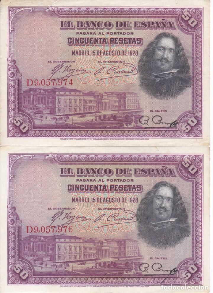Billetes espa&ntilde;oles: PAREJA IMPAR DE 50 PESETAS DEL A&Ntilde;O 1928 DE LA SERIE D (VELAZQUEZ)