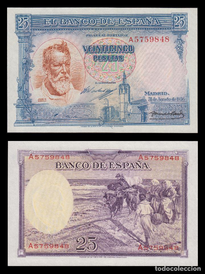 Billetes espa&ntilde;oles: Billete 25 Ptas. 31 de agosto de 1936 Joaqu&iacute;n Sorolla ESPECTACULAR 31.08.1936