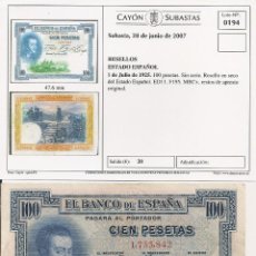 Billetes españoles: 100 PESETAS DE 1925 SIN SERIE-842 CON RESELLO EN SECO (RARO ASÍ)