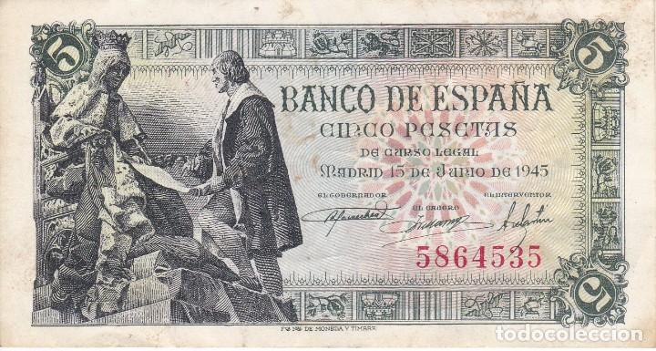 Billetes espa&ntilde;oles: BILLETE DE 5 PESETAS DEL A&Ntilde;O 1945 DE ISABEL LA CATOLICA Y CRISTOBAL COLON SIN SERIE
