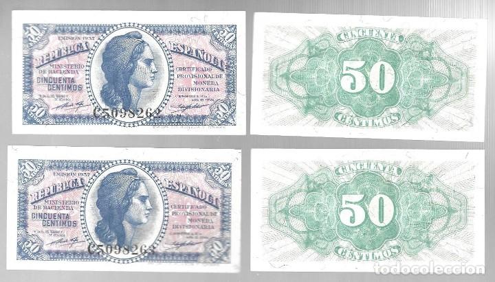 Billetes españoles: PAREJA DE BILLETES DE 50 CENTIMOS, REPUBLICA, EMISION 1937 CORRELATIVOS, SERIE C. EBC, S/C. - Foto 1 - 241210290