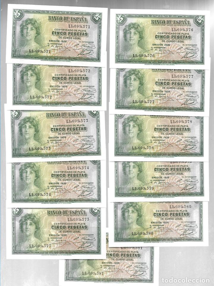 11 BILLETES CORRELATIVOS DE 5 CINCO PESETAS AÑO 1935 SERIE L, CERTIFICADO DE PLATA, EBC+ S/C. (Numismática - Notafilia - Billetes Españoles)