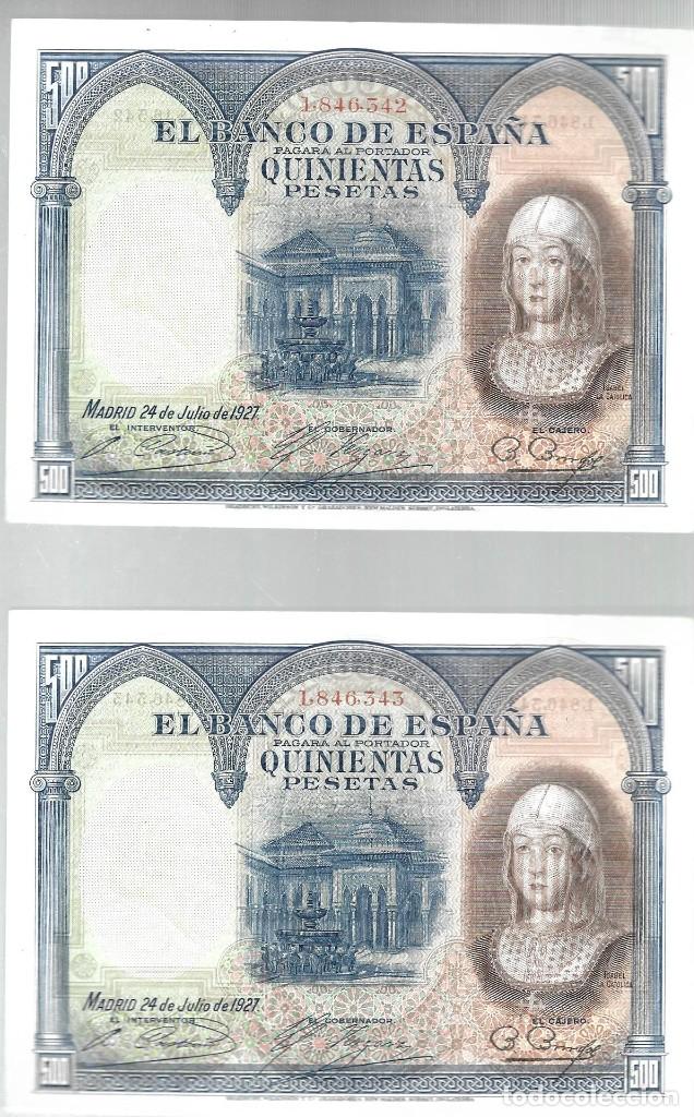 Billetes españoles: PAREJA DE BILLETES DE 500 PESETAS DE 1927, MBC, CORRELATIVOS. ISABEL LA CATOLICA. SIN SERIE. - Foto 3 - 243362990