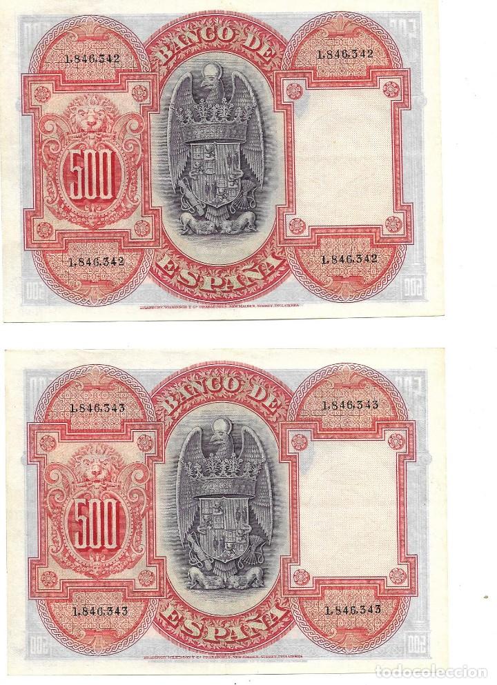 Billetes españoles: PAREJA DE BILLETES DE 500 PESETAS DE 1927, MBC, CORRELATIVOS. ISABEL LA CATOLICA. SIN SERIE. - Foto 2 - 243362990