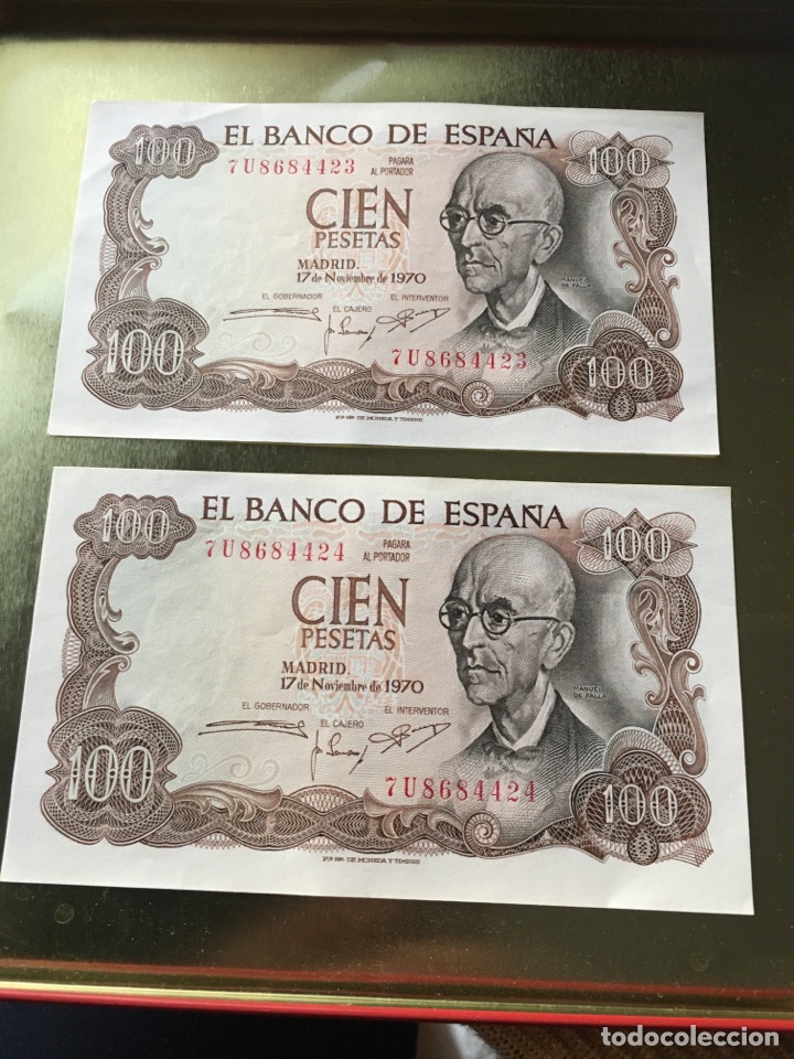 Billetes espa&ntilde;oles: 2 billetes De CIEN PESETAS CORRELATIVOS de 1970, nuevos.