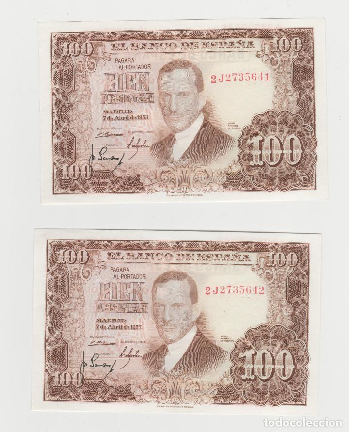 Notas espanholas: 100 PESETAS- 07 DE ABRIL DE 1953-SERIE 2J-PAREJA CORRELATIVA- PLANCHA