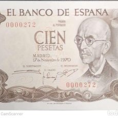 Billetes españoles: 100 PESETAS 1970 SIN SERIE 0000272 NÚMERO BAJISIMO, SIN CIRCULAR/PLANCHA. Lote 254296240