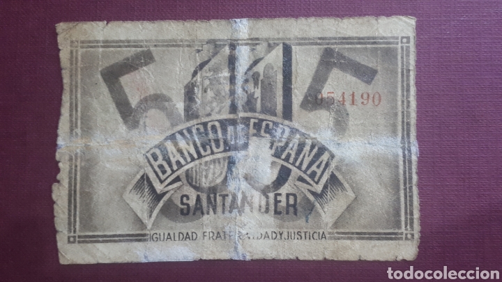 Billetes espa&ntilde;oles: 5 pesetas 1936 Santander - Foto 2
