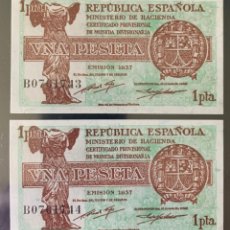 Billetes españoles: PAREJA CORRELATIVA 1 PESETAS DE 1937 S/C PLANCHA LUJO DE TACO SERIE B. Lote 370032836