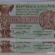 Billetes españoles: PAREJA CORRELATIVA 1 PESETAS DE 1937 S/C PLANCHA LUJO DE TACO SERIE A. Lote 339871248