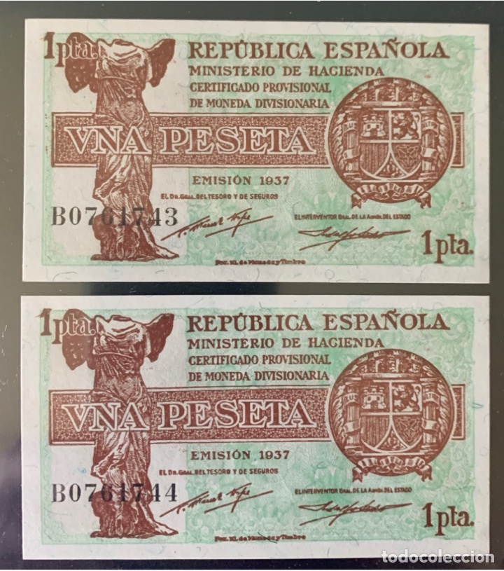 Billetes espa&ntilde;oles: PAREJA CORRELATIVA 1 PESETAS DE 1937 S/C PLANCHA LUJO DE TACO Serie B