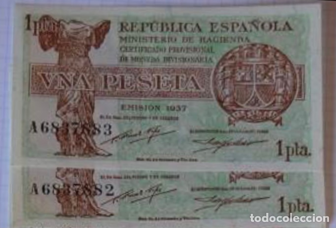 Spanische Banknoten: PAREJA CORRELATIVA 1 PESETAS DE 1937 S/C PLANCHA LUJO DE TACO Serie A