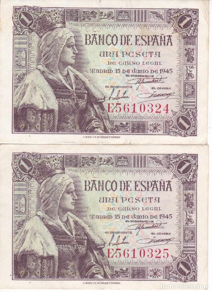 Notas espanholas: PAREJA CORRELATIVA DE 1 PESETA DEL A&Ntilde;O 1945 DE ISABEL LA CATOLICA SERIE E EN BUENA CALIDAD