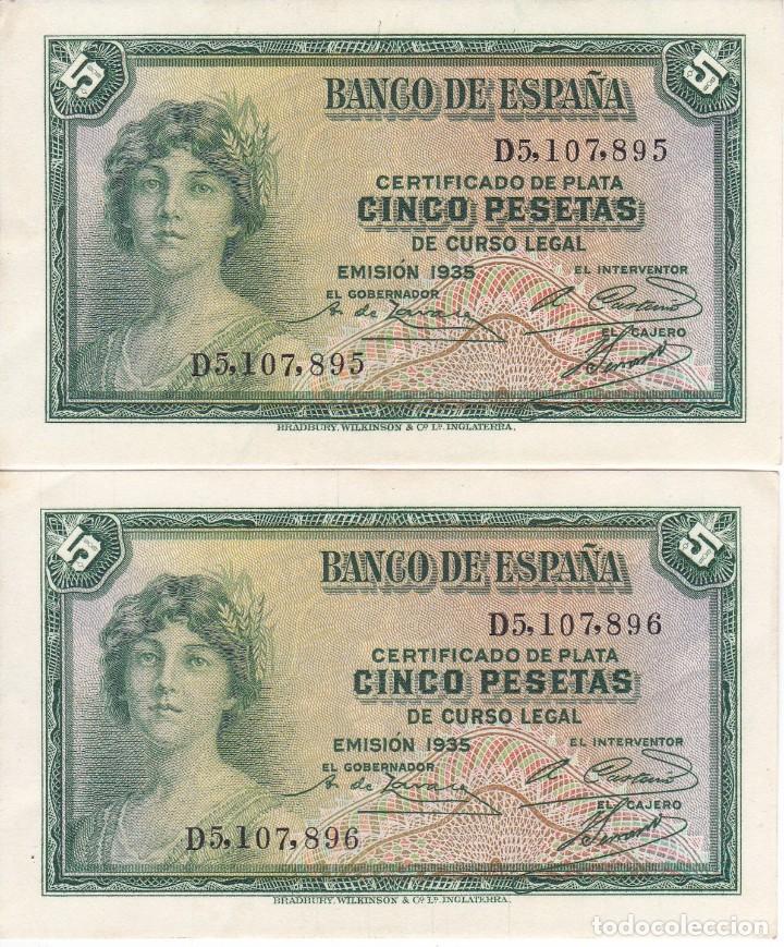 Notas espanholas: PAREJA CORRELATIVA DE 5 PESETAS DEL A&Ntilde;O 1935 SERIE D EN CALIDAD EBC (CERTIFICADO DE PLATA)