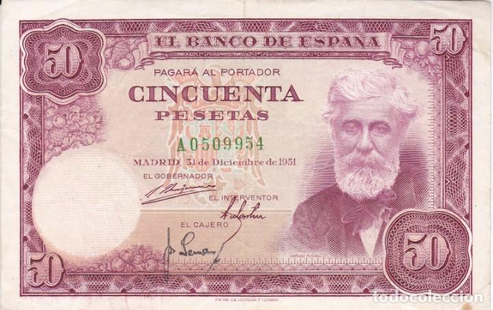 Billetes espa&ntilde;oles: BILLETE DE 50 PESETAS DEL A&Ntilde;O 1951 DE SANTIAGO RUSI&Ntilde;OL SERIE A