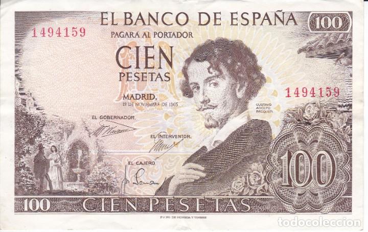 Billetes espa&ntilde;oles: BILLETE DE 100 PESETAS DEL A&Ntilde;O 1965 DE ADOLFO BECQUER SIN SERIE (RARO)