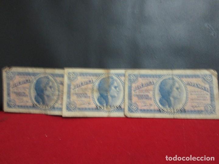 Billetes espa&ntilde;oles: 3 billetes 50 centimos emision 1937 - Foto 3
