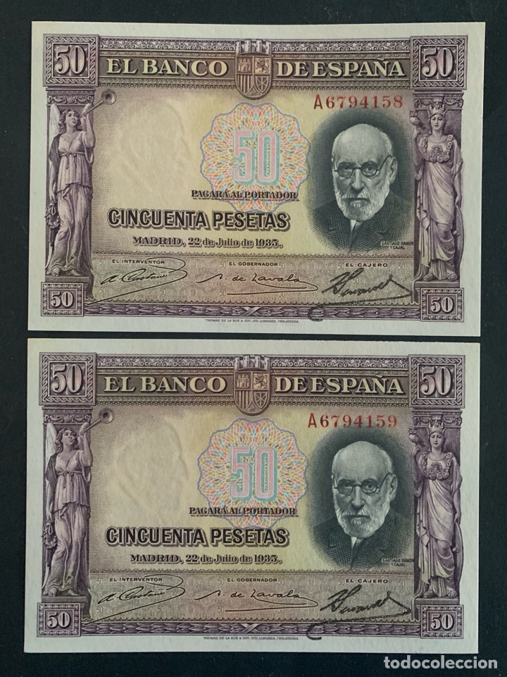 Billetes espa&ntilde;oles: CMC 50 PESETAS 22 JULIO 1935 RAMON Y CAJAL SERIE A PAREJA CORRELATIVA SC- EDIFIL 366A