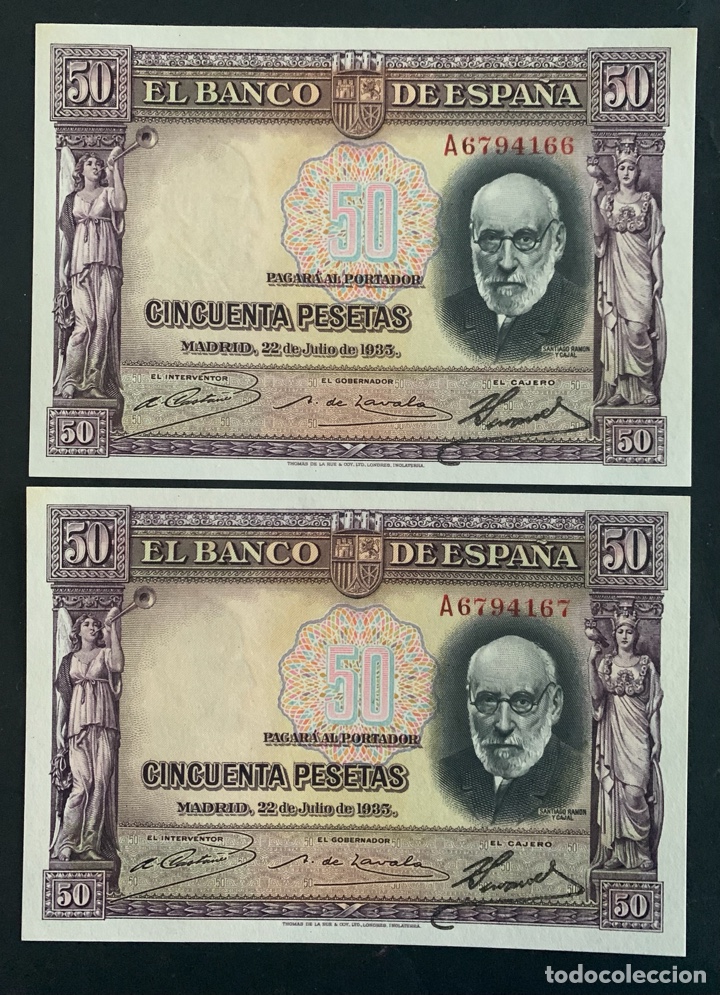 Billetes espa&ntilde;oles: CMC 50 PESETAS 22 JULIO 1935 RAMON Y CAJAL SERIE A PAREJA CORRELATIVA SC- EDIFIL 366A