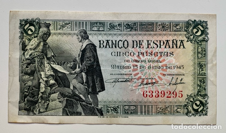 Spanische Banknoten: Billete 5 Pesetas 1945 SIN SERIE MBC- Capitulaciones Santa Fe