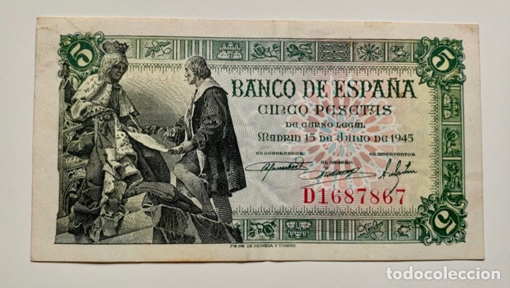 Notas espanholas: Billete 5 Pesetas 1945 EBC- Capitulaciones Santa Fe