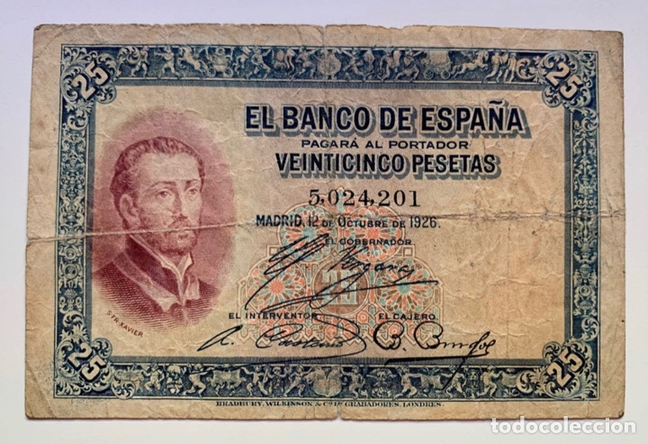 Notas espanholas: Billete 25 Pesetas 1926 SIN SERIE. Francisco Javier