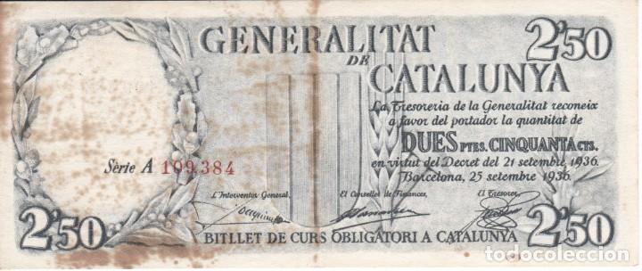 BILLETE DE 2,50 PESETAS DEL AÑO 1936 DE LA GENERALITAT DE CATALUNYA NUMEROS ROJOS (Numismática - Notafilia - Billetes Españoles)