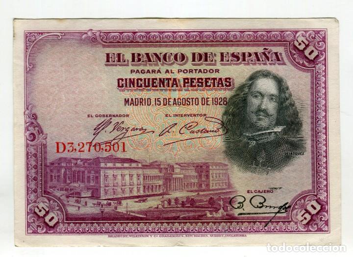 Billetes espa&ntilde;oles: 50 (CINCUENTA) PESETAS VELAZQUEZ MADRID 15 DE AGOSTO DE 1928 SIN ROTURAS