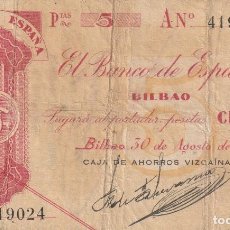 Billetes españoles: BILLETE 5 PESETAS BANCO DE ESPAÑA EN BILBAO EUZKADI AGOSTO 1936 GUERRA CIVIL CAJA AHORROS VIZCAINA