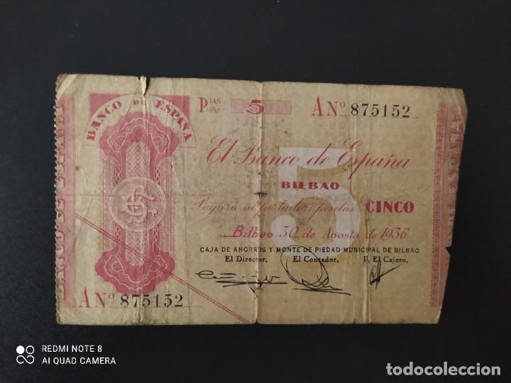 5 PESETAS DE 1936....BANCO DE ESPAÑA EN BILBAO... BONITO Y ESCASO....ES EL DE LAS FOTOS (Numismática - Notafilia - Billetes Españoles)