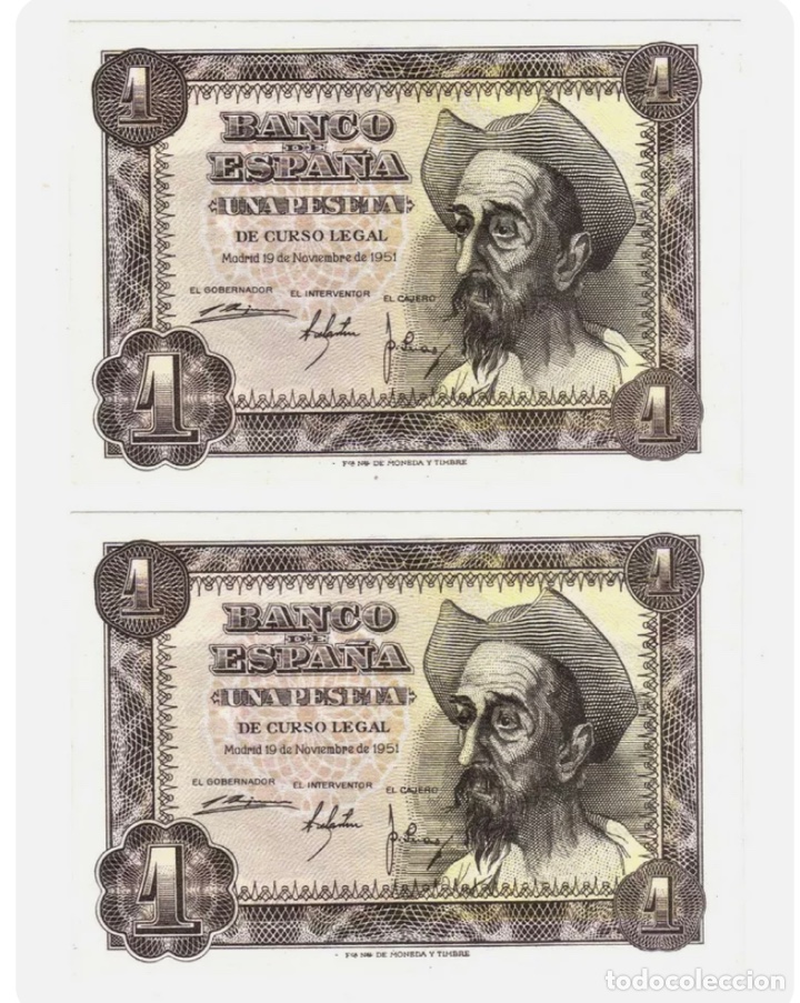 Billetes espa&ntilde;oles: Sin Serie. Pareja correlativa 1 peseta 1951 S/C plancha muy rara
