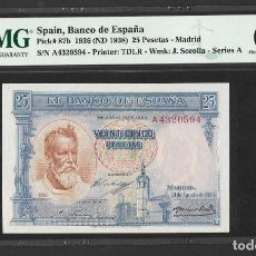 Billetes españoles: 25 PESETAS 1936 SERIE A CERTIFICADO POR PMGE66 EPQ S/C. Lote 310205178