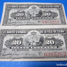 Billetes españoles: 20 CENTAVOS DE CUBA DE 1897 PAREJA CORRELATIVA