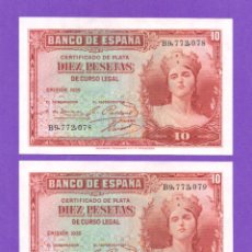 Billetes españoles: PAREJA CORRELATIVA DE 10 PTS 1935 SERIE-B PLANCHA. Lote 315034088