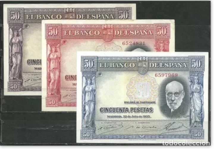 Billetes espa&ntilde;oles: LOTE 3 BILLETES 1935 SPECIMEN ROJO , AZUL, LILA Muy Raros