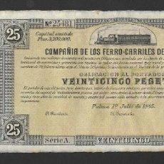 Billetes españoles: 25 PESETAS 1885 SERIE A FERRO-CARRILES DE MALLORCA S/C. Lote 317022013