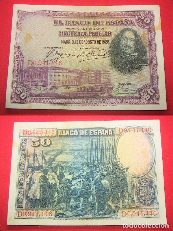 Billetes espa&ntilde;oles: BILLETE DE 50 PESETAS 1928 SERIE D VELAZQUEZ circulado