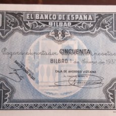 Billetes españoles: BILLETE 50 PESETAS BANCO ESPAÑA EN BILBAO EUZKADI GUERRA CIVIL CAJA AHORROS VIZCAINA 1937 SC
