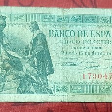 Billetes españoles: BILLETE DE 5 PESETAS DE 1945, SIN SERIE. MUY USADO.. Lote 321279768