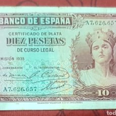 Billetes españoles: BILLETE DE DIEZ PESETAS DE 1935, SERIE A. Lote 321284463