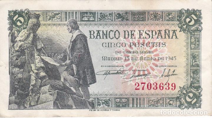 Billetes espa&ntilde;oles: BILLETE DE 5 PESETAS DEL A&Ntilde;O 1945 DE ISABEL LA CATOLICA Y CRISTOBAL COLON SIN SERIE