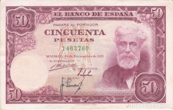 Billetes espa&ntilde;oles: BILLETE DE 50 PESETAS DEL A&Ntilde;O 1951 DE SANTIAGO RUSI&Ntilde;OL SIN SERIE