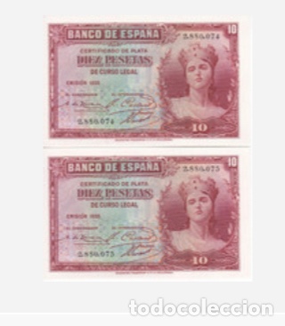 Spanische Banknoten: PAREJA CORRELATIVA DE 10 PESETAS DEL A&Ntilde;O 1935 SIN SERIE SIN CIRCULAR (SC) Plancha Lujo