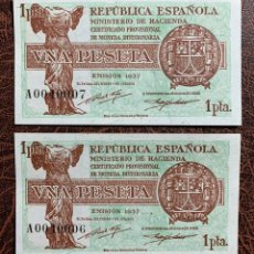 Billetes españoles: PAREJA CORRELATIVA 1 PESETAS DE 1937 S/C PLANCHA LUJO DE TACO NÚMERO BAJISIMO