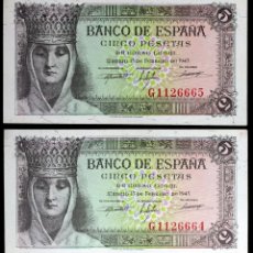 Billetes españoles: PAREJA CORRELATIVA 5 PESETAS 1943 SERIE G S/C-. Lote 325761008