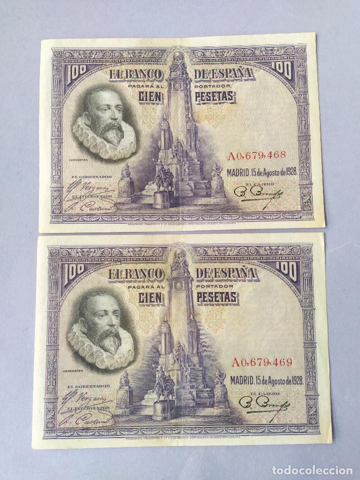 Billetes espa&ntilde;oles: DOS BILLETES DE CIEN PESETAS CORRELATIVOS A&Ntilde;O 1928 SERIE A MBC
